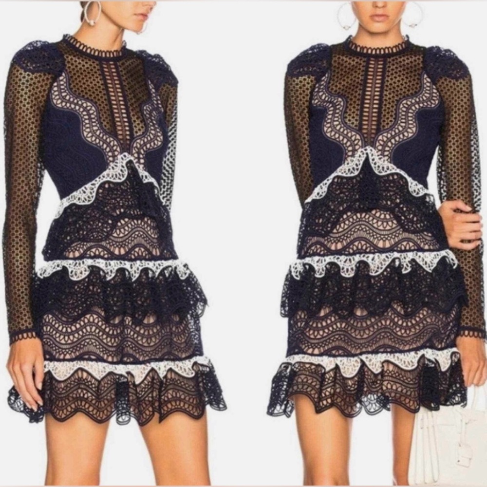 Self Portrait Wave Guipure Tiered Lace Mini Dress Blue Black Long Sleeve US 0